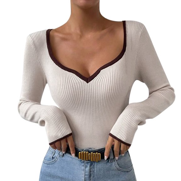 RMGVDSD Women's Solid Color V Neck Striped Contrast Strip Slim Fit Fashion Pullover Sweater Blouse Long Sleeve Sweater Knit Fashion Pullover Tops /Beige