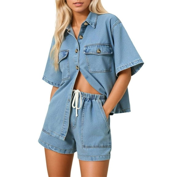 RMGVDSD Women's Summer 2 Piece Outfits Casual Loose Short Sleeve Denim Shirt And Wide Leg Denim Shorts Set Shorts Tracksuit Sweatsuits