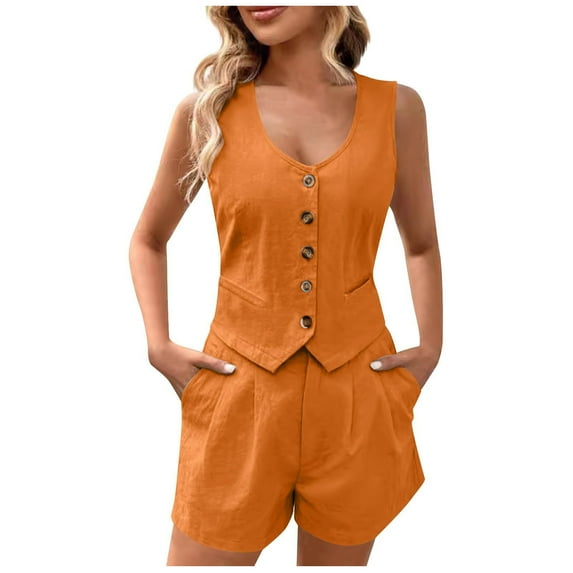RMGVDSD Women's Summer 2 Piece Outfits Solid Color V Neck Sleeveless Button Down Vest Pockets Shorts Sets Women Shorts Sets Beachwear