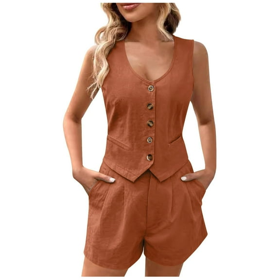 RMGVDSD Women's Summer 2 Piece Outfits Solid Color V Neck Sleeveless Button Down Vest Pockets Shorts Sets Work Business Casual Outfits
