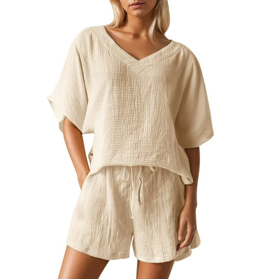 RMGVDSD Women's Summer Casual Double Layer Pleated V Neck Short Sleeve Shirt And Shorts 2 Piece Set Stylish Women Shorts Suit