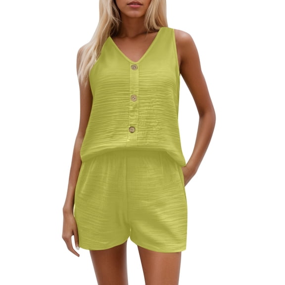 RMGVDSD Women's Summer Shorts Suit Solid Color Casual Sleeveless Button Down Top With Shorts Vacation Outfit Set Shorts Tracksuit Sweatsuits