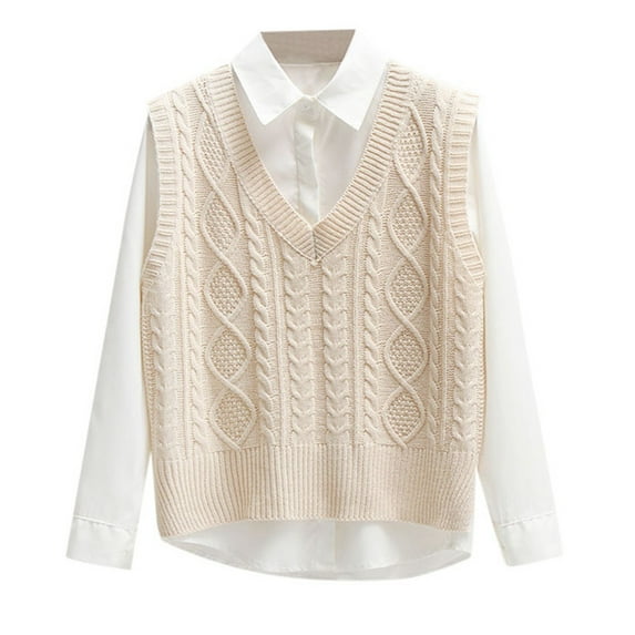 RMGVDSD Women's Sweater Set Long Sleeve Dress Shirts And Sleeveless Sweater Vest Solid Color Fall Winter Outfits Loose Knit Pullover Tops /Beige