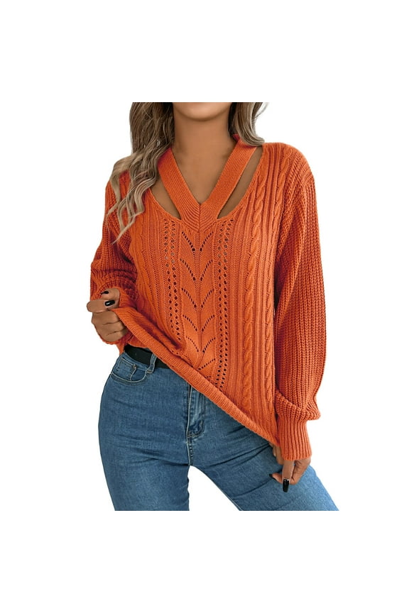 Women's Sweaters Autumn/Winter Casual Hollow V Neck Long Sleeve Pullover Sweater Solid Color Casual Lightweight Sweater Tops /Orange