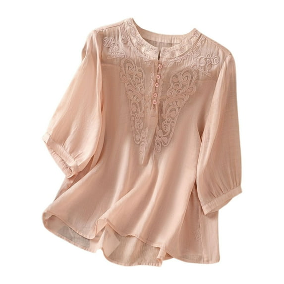 RMGVDSD Women's T Shirts Trendy Women's T Shirts Elegant Embroidery Round Neck Linen Tank Shirts Basic Versatile Fashion Tops Beach Vacation Tshirts