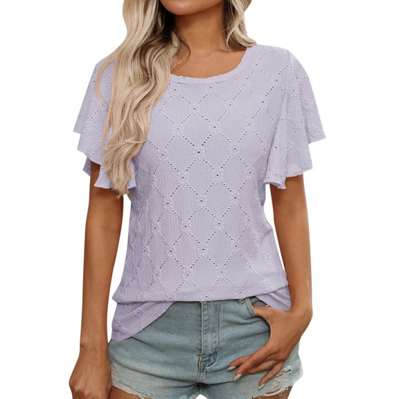 RMGVDSD Women's T Shirts Women's Summer T Shirt With Floral Cutout And Ruffle Sleeves Casual Wear Stylish Tee Shirts