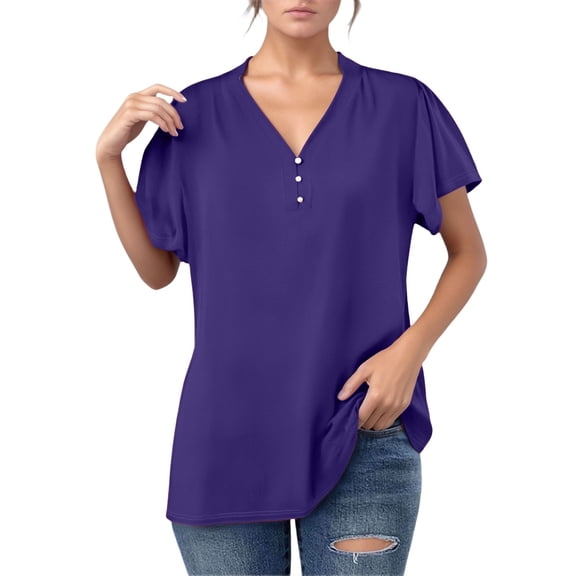 RMGVDSD Women's Tee Shirts Womens Tops V Neck Soft T-Shirts Tunic Blouses Short Sleeve V Neck Button Up Solid Color Casual T Shirt Casual Dressy Tops