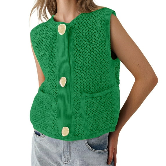RMGVDSD Women's Tops Spring Fall Fashion Crochet Vest Hollow Out Sweater Vest Sleeveless Cardigans Solid Color Loose Knit Pullover Sweater /Green