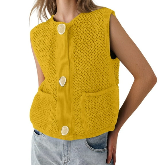 RMGVDSD Women's Tops Spring Fall Fashion Crochet Vest Hollow Out Sweater Vest Sleeveless Cardigans Solid Color Pullover Knit Sweater Top /Yellow