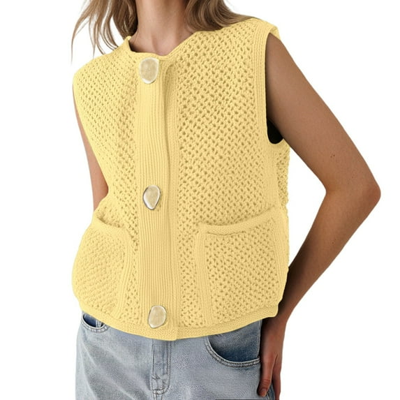 RMGVDSD Women's Tops Spring Fall Fashion Crochet Vest Hollow Out Sweater Vest Sleeveless Cardigans Solid Color Sweater Cute Soft Knit Tops /Yellow