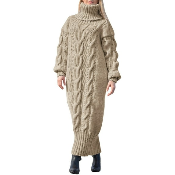 RMGVDSD Women's Turtleneck Oversized Long Sweater Dress Solid Color Casual Loose Long Sleeve Fall Winter Knit Dresses Loose Knit Pullover Sweater /Khaki
