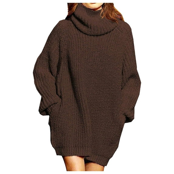 RMGVDSD Women's Turtleneck Oversized Sweaters Long Sleeve Loose Pullover Tunic Mini Sweater Dress With Pockets Solid Color Fashion Basic Sweater Tops /Brown