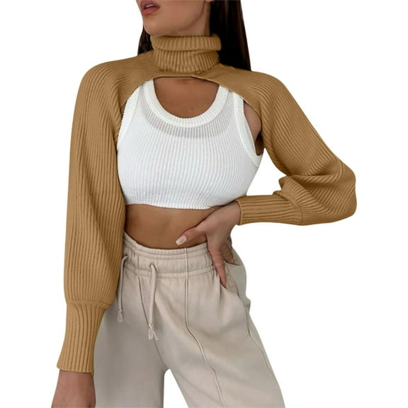 RMGVDSD Women's Turtleneck Shrug Sweater Long Sleeve Turtleneck Cutout Knitted Arm Warmer Cropped Sweaters Solid Color Casual Classic Soft Sweater /Khaki