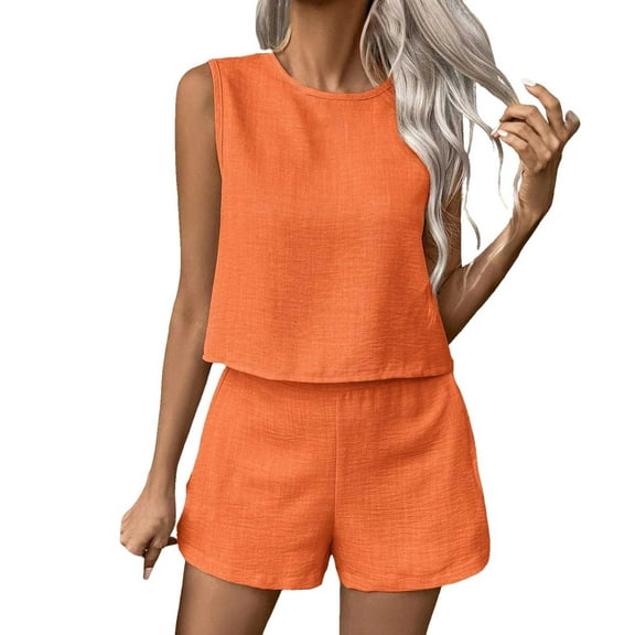 RMGVDSD Women's Two Piece Outfits Solid Color Sleeveless Tank Tops And Shorts Casual Fashion 2 Piece Set Women Fashion Travel Outfits