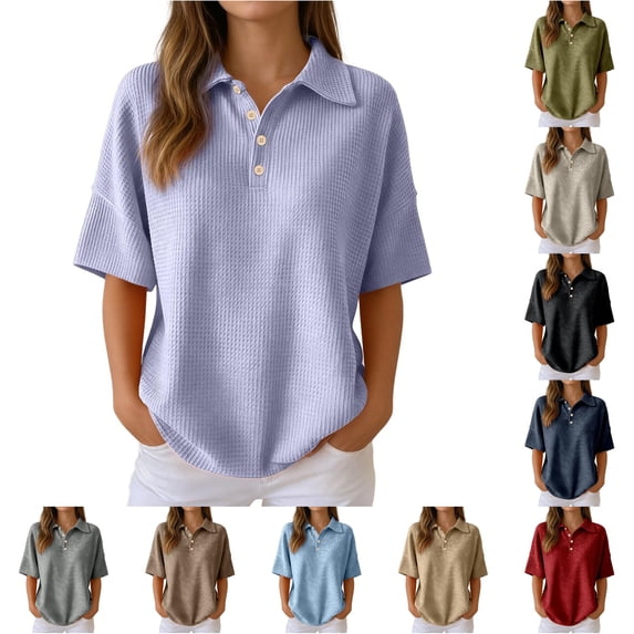 RMGVDSD Women's Waffle Collared Short Sleeve Polo Shirt Top 4-Button Loose Drop Shoulder Casual Golf Shirts Work Summer Blouse