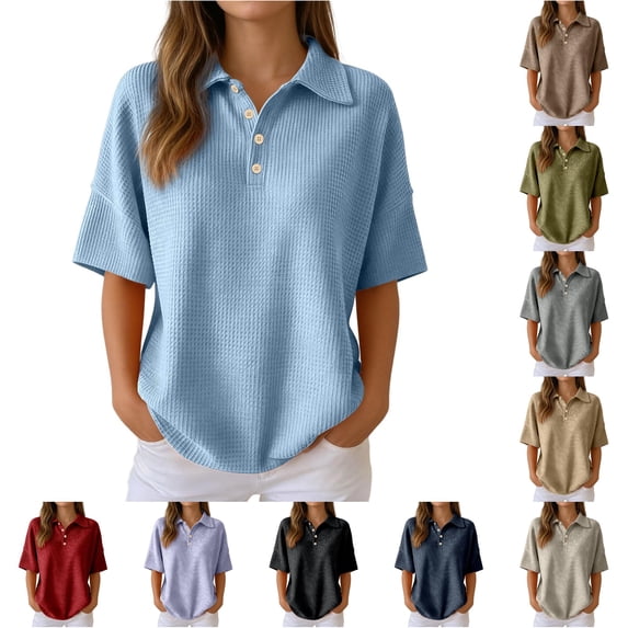 RMGVDSD Women's Waffle Collared Short Sleeve Polo Shirt Top 4-Button Loose Drop Shoulder Casual Golf Shirts Work Summer Blouse