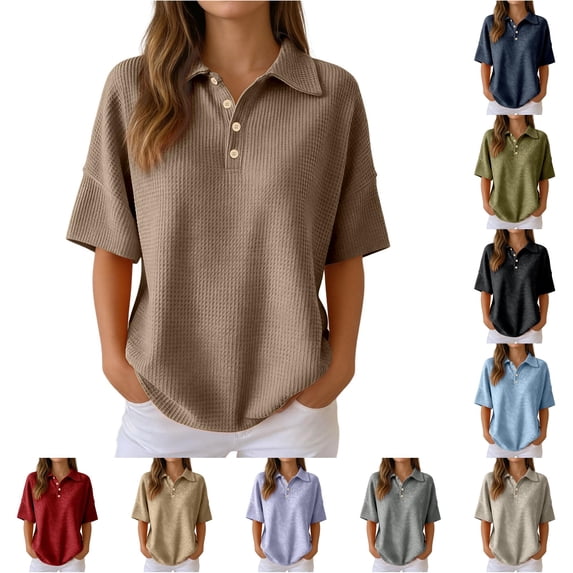 RMGVDSD Women's Waffle Collared Short Sleeve Polo Shirt Top 4-Button Loose Drop Shoulder Casual Golf Shirts Work Summer Blouse