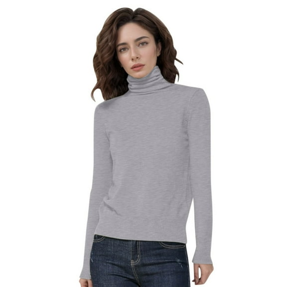 RMGVDSD Women's Wool Seamless Sweater Turtleneck First Line Long Sleeve Knitted Pullover Tops Solid Color Fall Winter Trendy Outfits /Grey