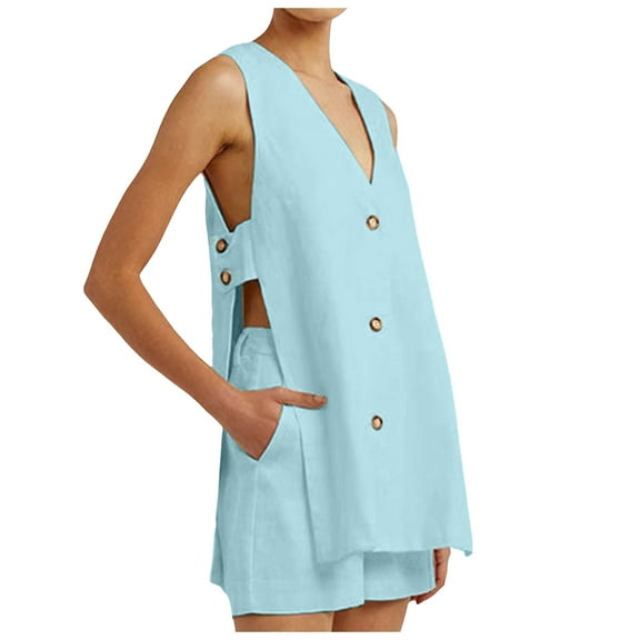 RMGVDSD Womens 2 Piece Linen Sets Summer Outfits Sleeveless V Neck Botton Down Tank Tops And Shorts Matching Set Women Fashion Travel Outfits