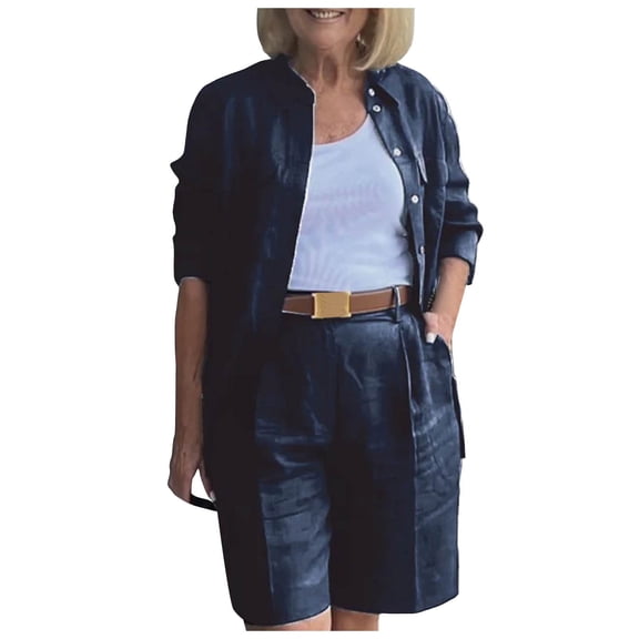 RMGVDSD Womens 2 Piece Outfits Casual Blazer Shorts Set For Women Plus Size Solid Color Long Sleeve Shorts Suits Casual Beach Vacation Outfit
