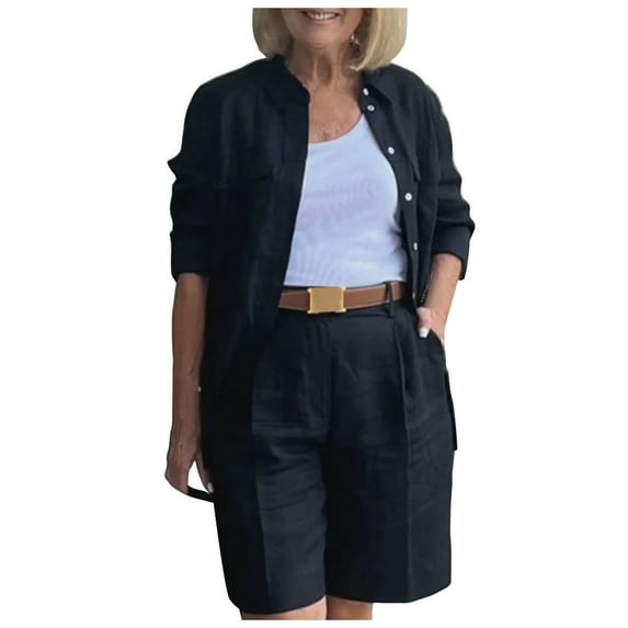 RMGVDSD Womens 2 Piece Outfits Casual Blazer Shorts Set For Women Plus Size Solid Color Long Sleeve Shorts Suits Comfort Fit Workout Outfit