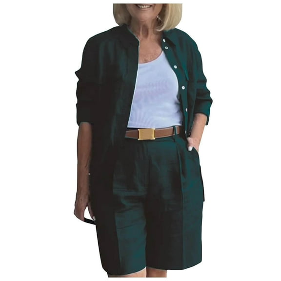 RMGVDSD Womens 2 Piece Outfits Casual Blazer Shorts Set For Women Plus Size Solid Color Long Sleeve Shorts Suits Cozy Pajamas Sweatsuit Set