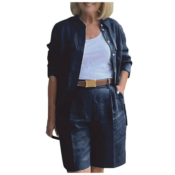 RMGVDSD Womens 2 Piece Outfits Casual Blazer Shorts Set For Women Plus Size Solid Color Long Sleeve Shorts Suits Daily Casual Fashion Suits