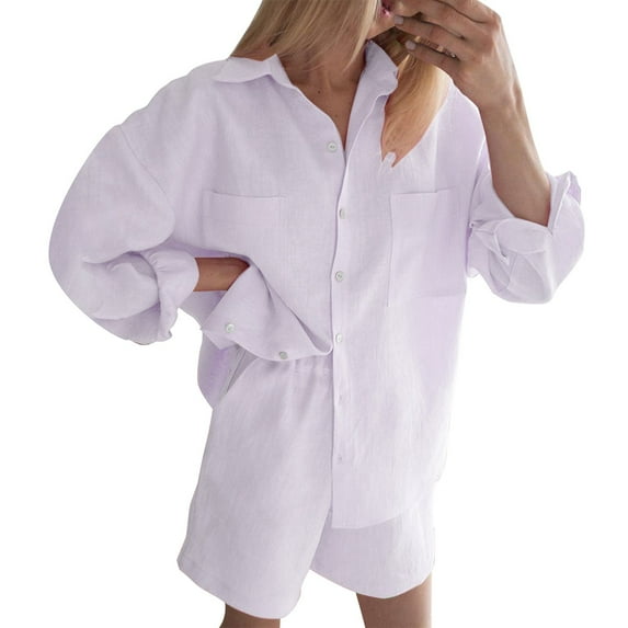 RMGVDSD Womens 2 Piece Outfits Summer Cotton Linen Shirt Long Sleeve Tops And Elastic Waist Shorts Two Piece Set Comfy Relaxed Fit Tracksuits