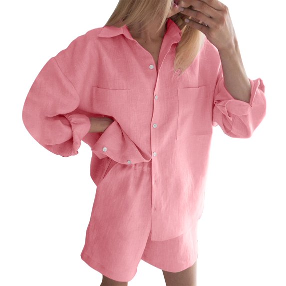RMGVDSD Womens 2 Piece Outfits Summer Cotton Linen Shirt Long Sleeve Tops And Elastic Waist Shorts Two Piece Set Daily Casual Workout Sets