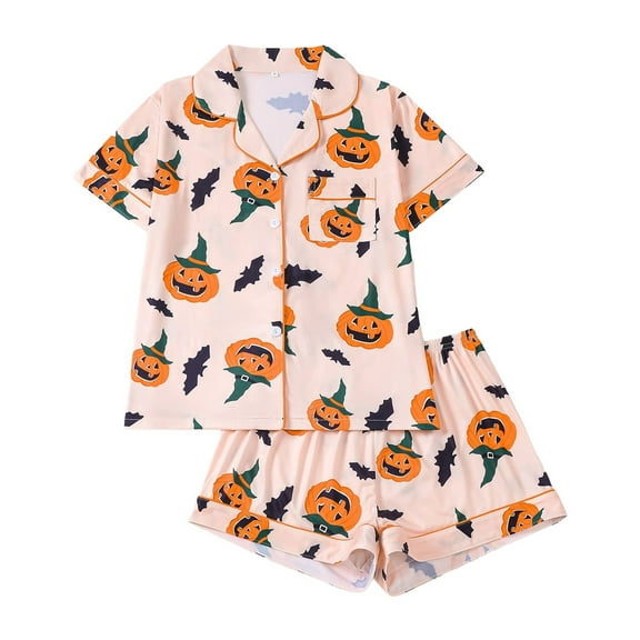 RMGVDSD Womens 2 Piece Pajama Sets Womens Halloween Pajamas Cute Printed Short Sleeve Button Down Tops And Shorts Sleepwear Set Pajamas Loungewear Womens Pajamas Loungewear