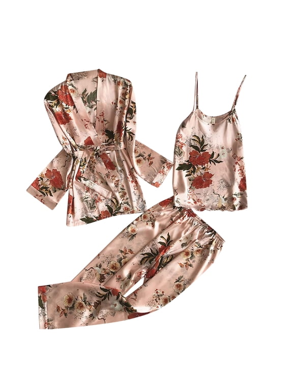 Womens 3 Piece Pajama Set Silk Satin Pajamas For Women Set With Robe Cami Top Pajama Pants Soft Pjs Sleepwear Loungewear Set Loungewear Matching Pjs