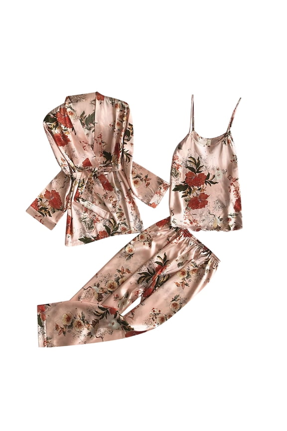 Womens 3 Piece Pajama Set Silk Satin Pajamas For Women Set With Robe Cami Top Pajama Pants Soft Pjs Sleepwear Loungewear Set Soft Sleepwear Loungewear