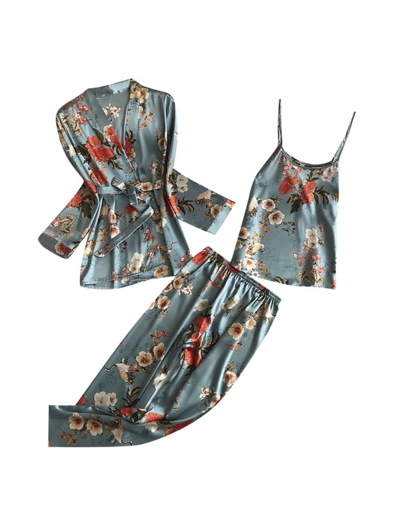 Womens 3 Piece Pajama Set Silk Satin Pajamas For Women Set With Robe Cami Top Pajama Pants Soft Pjs Sleepwear Loungewear Set Soft Sleepwear for Women