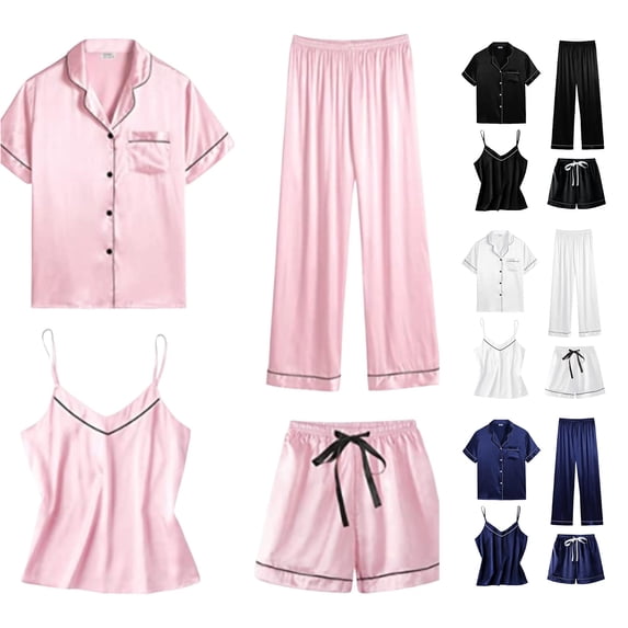 RMGVDSD Womens 4Pcs Pajama Sets Silk Satin Pajamas Cami Shorts Set Button Down Short Sleeve Sleepwear Nightwear Fashion Pajamas Loungewear
