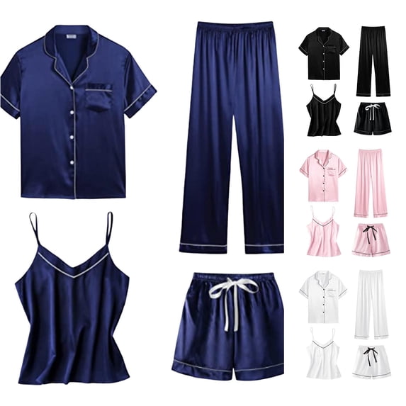 RMGVDSD Womens 4Pcs Pajama Sets Silk Satin Pajamas Cami Shorts Set Button Down Short Sleeve Sleepwear Nightwear Fashion Pajamas Loungewear