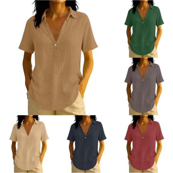 RMGVDSD Womens Blouses Summer Plain Solid Color Collar V Neck Henley Shirts Short Sleeve Loose Fit Casual Blouse Tops for Woman