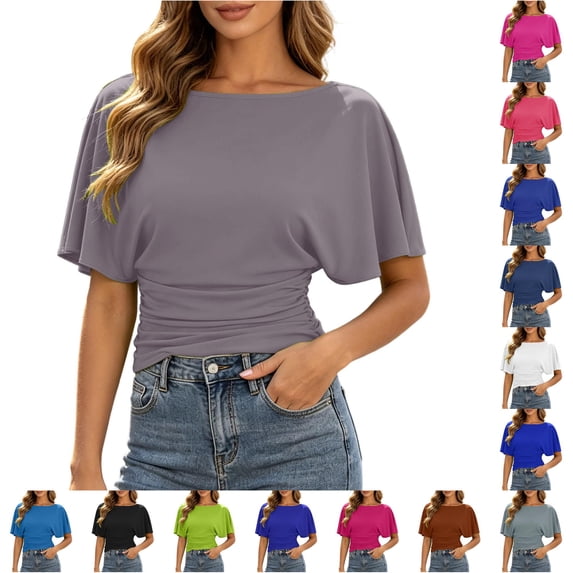 RMGVDSD Womens Boat Neck Batwing Tops for Women Ruched Waist Short Sleeve T Shirts Solid Color Casual Tees Summer Tops