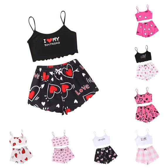 RMGVDSD Womens Cami Pajama Set Heart Printed Camisoles Sleepwear Sleeveless Crop Top and Shorts Set Soft Comfy Nightwear Women's Pajamas Set