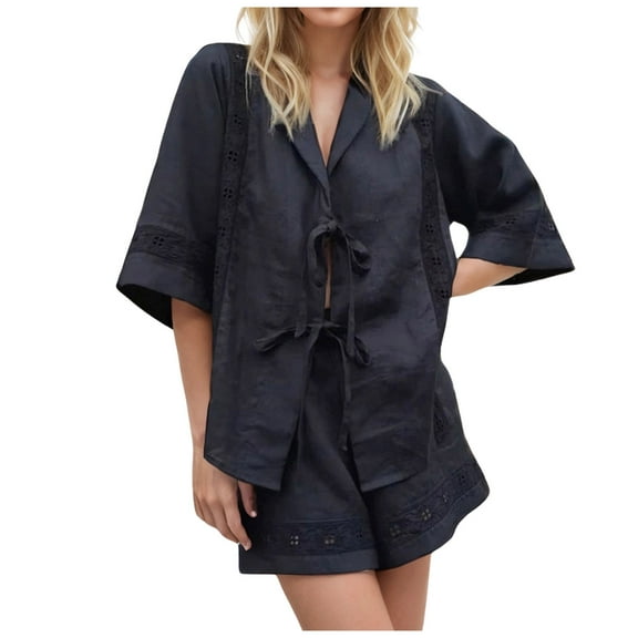 RMGVDSD Womens Cotton Linen 2 Piece Outfits Sets Summer Tie Front Shirt Tops Shorts Sets Vacation Travel Outfits Women Beach 2 Piece Outfits