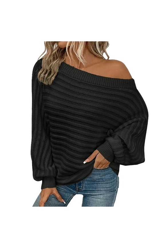 Womens Fall Sweaters Off The Shoulder Batwing Sleeve Textured Knit Tops Oversized One Shoulder Sweater Solid Color Soft Sweater Fashion Outfit /Black