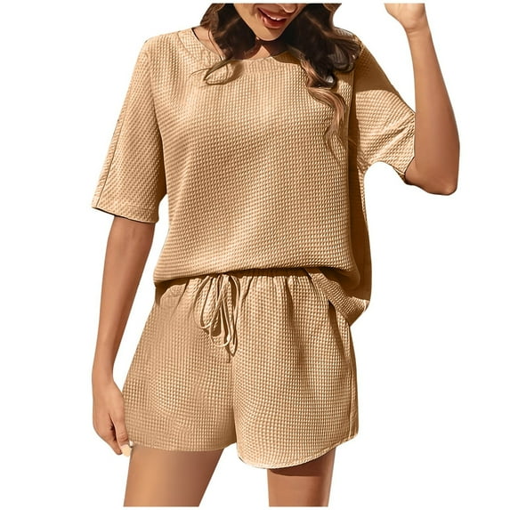 RMGVDSD Womens Fashion 2 Piece Outfits Sweatsuits Casual Summer Short Sleeve Round Neck Tops And Shorts Sets Casual Beach Vacation Outfit