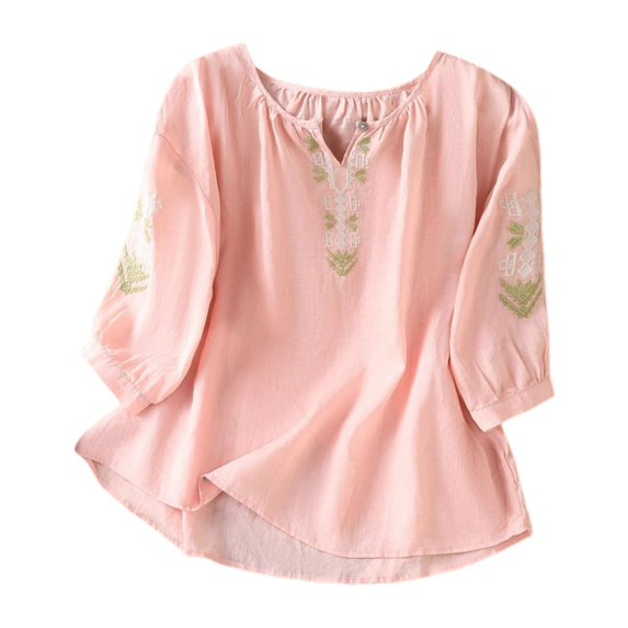 RMGVDSD Womens Fashion Tops Vintage Embroidered Women's T Shirt Casual Round Neck Short Sleeve Breathable Blouse Spring Summer Trendy T Shirts Blouses