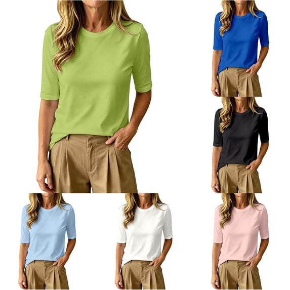 RMGVDSD Womens Half Sleeve Tops Casual Crewneck T Shirt Elbow Length Basic Tees Trendy Summer T-Shirts Solid Color Versatile Tshirts