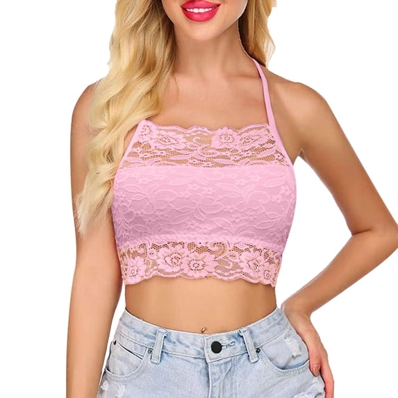 RMGVDSD Womens Lace Cami Bralettes High Neck Camisoles Cropped Tank Tops Womens Double-Layered Lace Crop Top Solid Color Cami Bralette Temperament Shirts