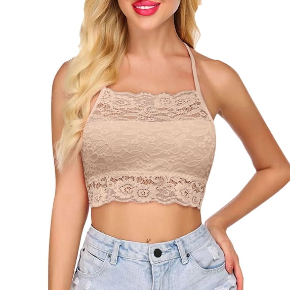 RMGVDSD Womens Lace Cami Bralettes High Neck Camisoles Cropped Tank Tops Womens Double-Layered Lace Crop Top Solid Color Cami Bralette Versatile Tees