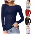 thumbnail image 1 of RMGVDSD Womens Mesh Tops Sheer Long Sleeve Shirts Boat Neck See-Through Slim Fit Basic Undershirt Tees Solid Color Party Blouses, 1 of 5