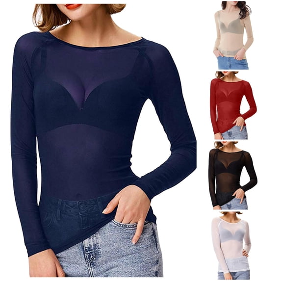 RMGVDSD Womens Mesh Tops Sheer Long Sleeve Shirts Boat Neck See-Through Slim Fit Basic Undershirt Tees Solid Color Party Blouses