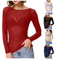 thumbnail image 1 of RMGVDSD Womens Mesh Tops Sheer Long Sleeve Shirts Boat Neck See-Through Slim Fit Basic Undershirt Tees Solid Color Party Blouses, 1 of 5