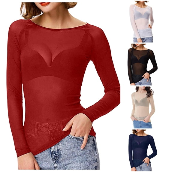 RMGVDSD Womens Mesh Tops Sheer Long Sleeve Shirts Boat Neck See-Through Slim Fit Basic Undershirt Tees Solid Color Party Blouses