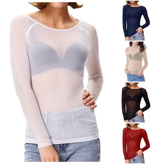 RMGVDSD Womens Mesh Tops Sheer Long Sleeve Shirts Boat Neck See-Through Slim Fit Basic Undershirt Tees Solid Color Party Blouses